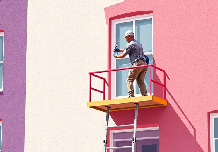 Peintre sur échafaudage traitant la façade d'une maison
